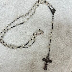 Pearl Bead Rosary with Black Filigree Cross